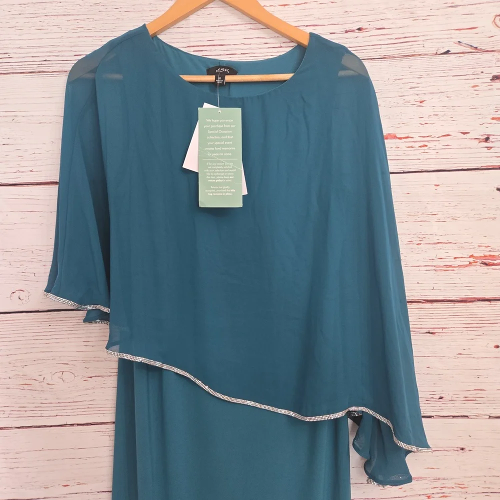 NWT MSK Teal Embellished Cape Overlay Dress Size M - Picture 8 of 14